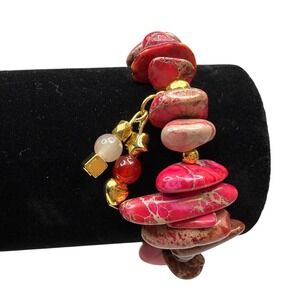 Pink Red Chip Cold Stone Charm Bracelet Gold Star Heart Accent Stretch Jewelry
